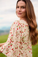 VESTIDO CURTO UM OMBRO SÓ MINI CAMPO DE MORANGOS ALGODÃO