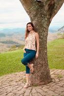 BLUSA UM OMBRO SÓ COM LENÇO MINI CAMPO DE MORANGOS ALGODÃO