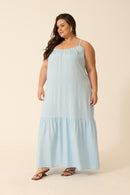 VESTIDO LONGO CROPPED COM BABADO AZUL BRISA