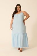 VESTIDO LONGO CROPPED COM BABADO AZUL BRISA