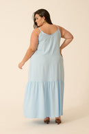 VESTIDO LONGO CROPPED COM BABADO AZUL BRISA