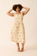VESTIDO MIDI COM AMARRAÇÃO NAS COSTAS CAMPO DE MORANGOS ALGODÃO