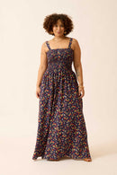 VESTIDO LONGO COM BOTÕES MINI CAMPO DE MORANGOS MARINHO