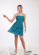Vestido juvenil em crepe verde esmeralda