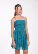 Vestido juvenil em crepe verde esmeralda